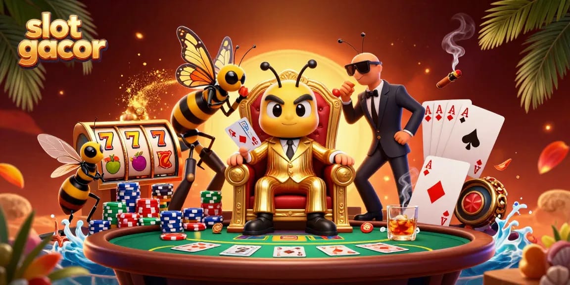 Engage with slot gacor action, featuring a bumblebee mob boss amidst vibrant casino elements.