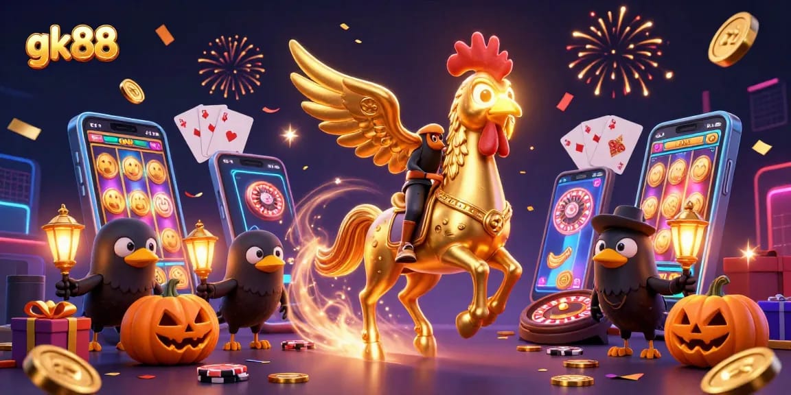 Experience thrilling wins at gk88 with golden rooster characters in a vibrant casino setting.
