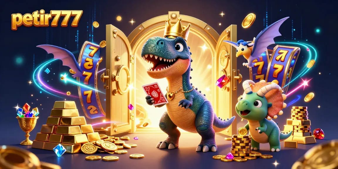 Experience the thrill of gaming with petir777 in this vibrant 3D casino scene filled with money, cards, and excitement.
