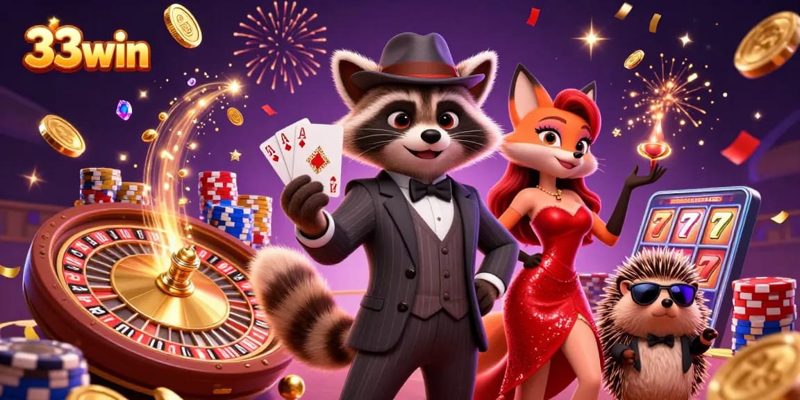 Experience thrilling moments at 33win with charming characters and casino action elements.