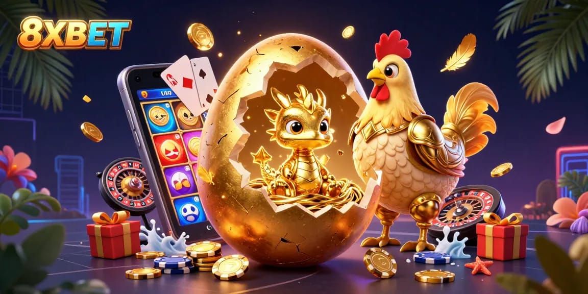 Experience thrilling gameplay on 8XBET with a magical scene of golden treasures and casino excitement.