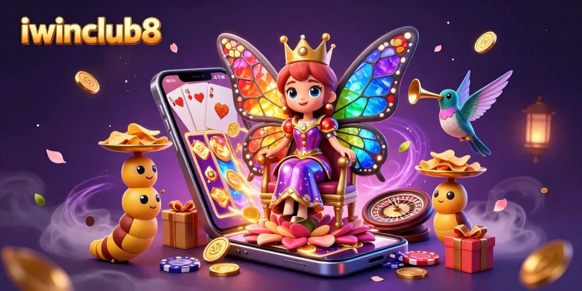 Experience iwinclub8 with an enchanting 3D illustration showcasing a butterfly queen and vibrant casino games.