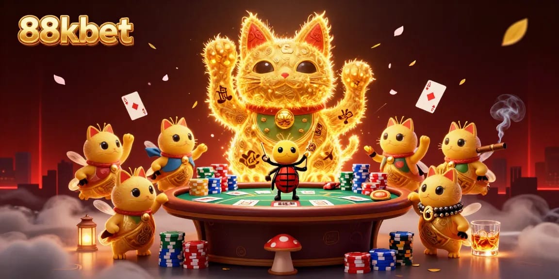 Engage with thrilling 88kbet gaming experiences featuring a lucky cat and poker action.