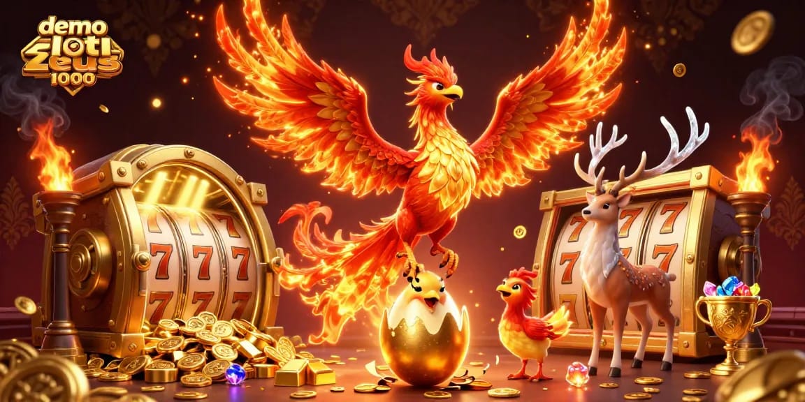 Experience the thrill of demo slot zeus 1000 with vibrant casino elements and interactive characters in this captivating illustration.