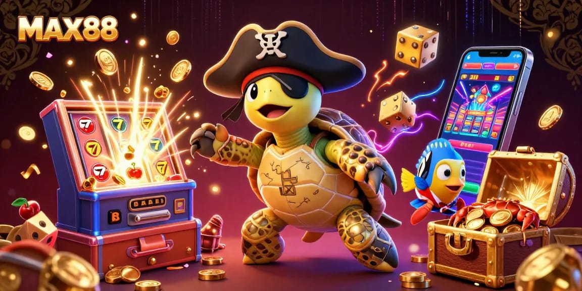 Experience MAX88's vibrant casino scene with a jackpot turtle, crab, and fish.