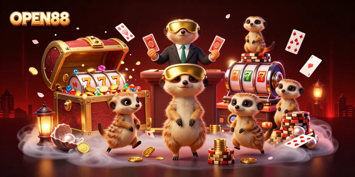 Experience thrilling gaming with OPEN88's meerkat casino operation in this vibrant illustration.