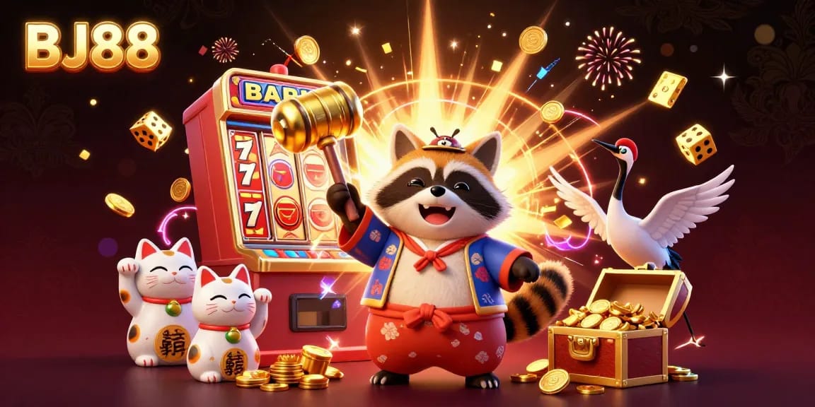 BJ88 offers an exciting casino experience with a cheerful tanuki and vibrant game elements in a 3D scene.