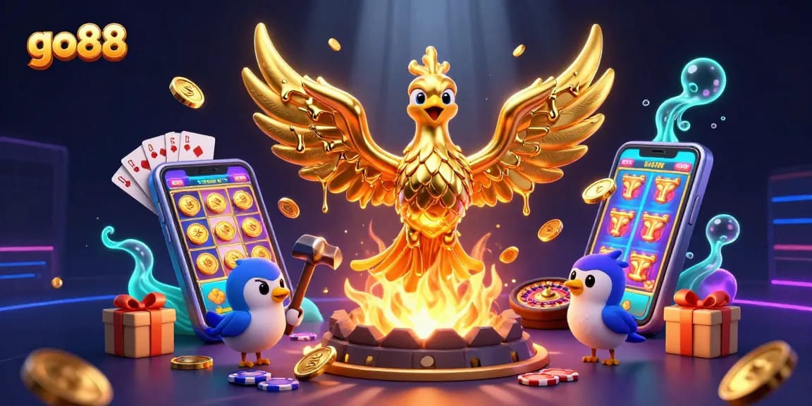 Experience the thrill of winning at go88 with vibrant games and a stunning phoenix emblem.