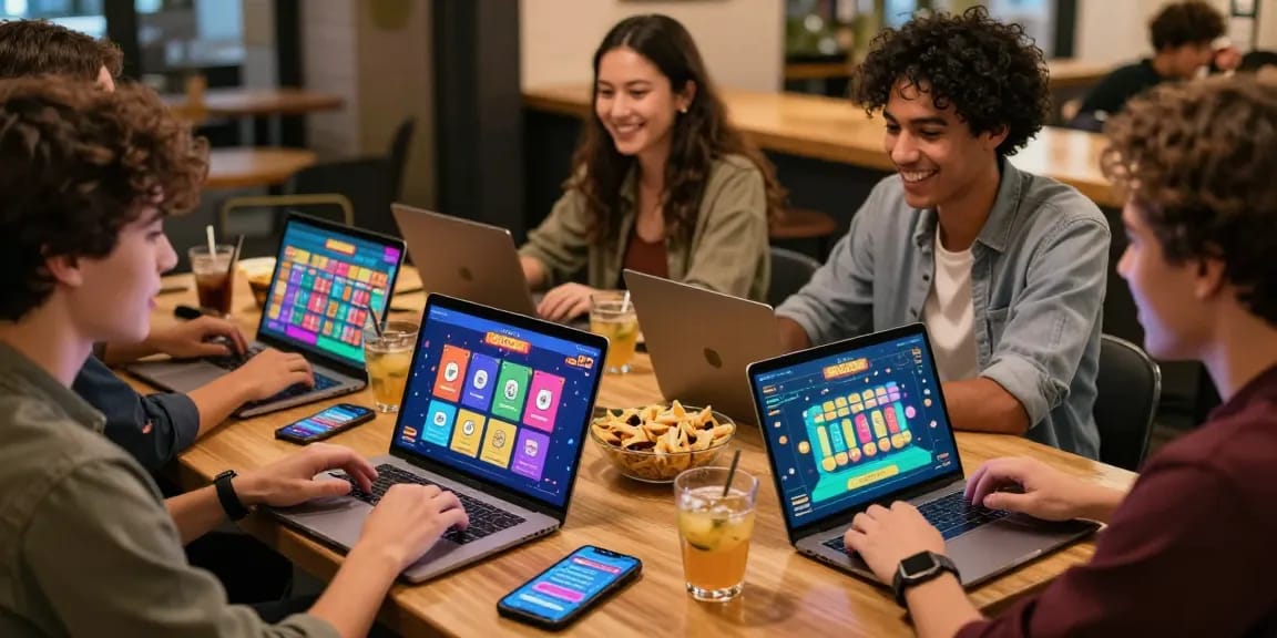 Friends enjoying JaiClub gaming app on their devices in a vibrant café setting.