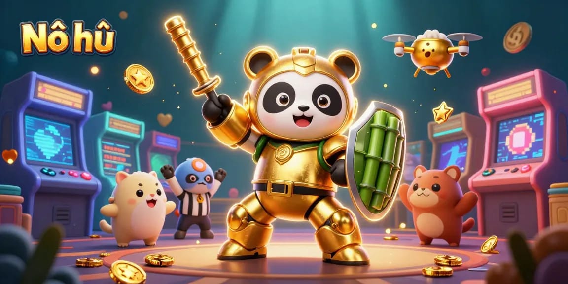 Nổ hũ gaming scene showcasing a golden panda character in a vibrant slot arena, engaging with dynamic game elements.