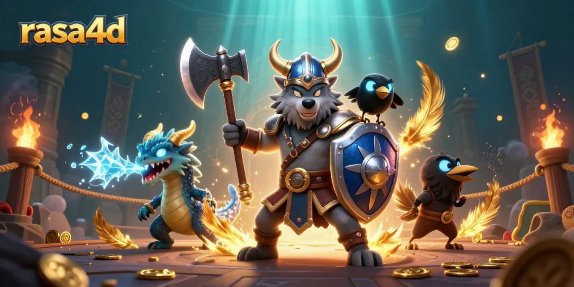 Rasa4d menampilkan karakter Viking dan naga di arena permainan dengan koin emas bertebaran.