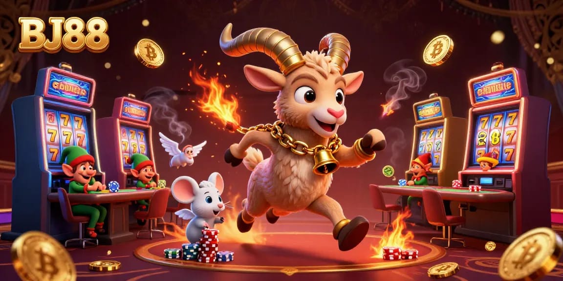 BJ88 Casino scene with playful characters engaging in festive gaming activities, showcasing delightful chaos.