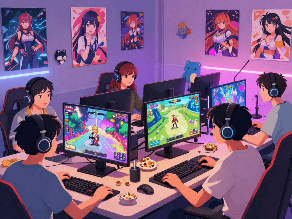 Engaging gaming environment with friends playing a hentai game online with animated characters and vibrant décor.