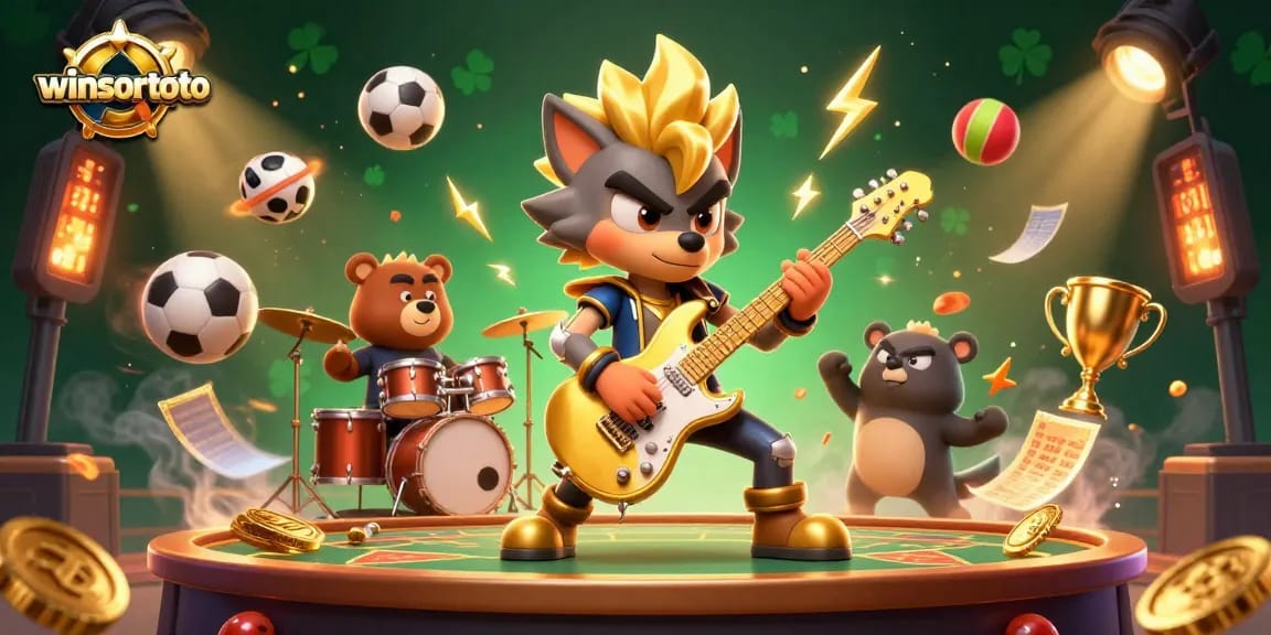 winsortoto's exciting casino scene showcases a rock star wolf and drummer bear with dynamic sports elements.