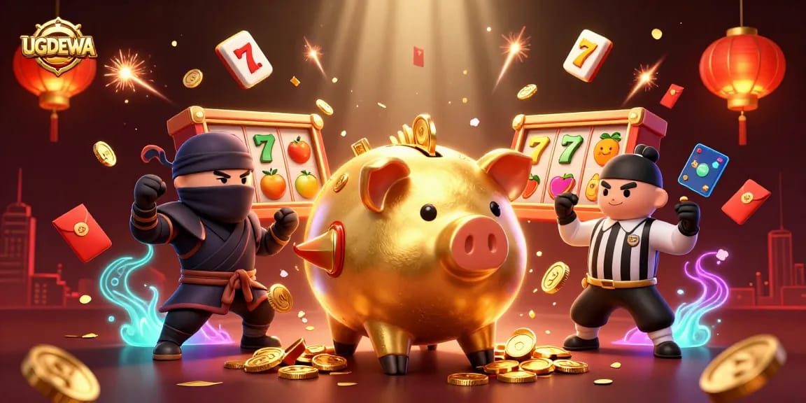 Experience the thrilling action of UGDEWA as a golden piggy bank sumo wrestler shakes loose coins amid vibrant slot reels and fireworks.