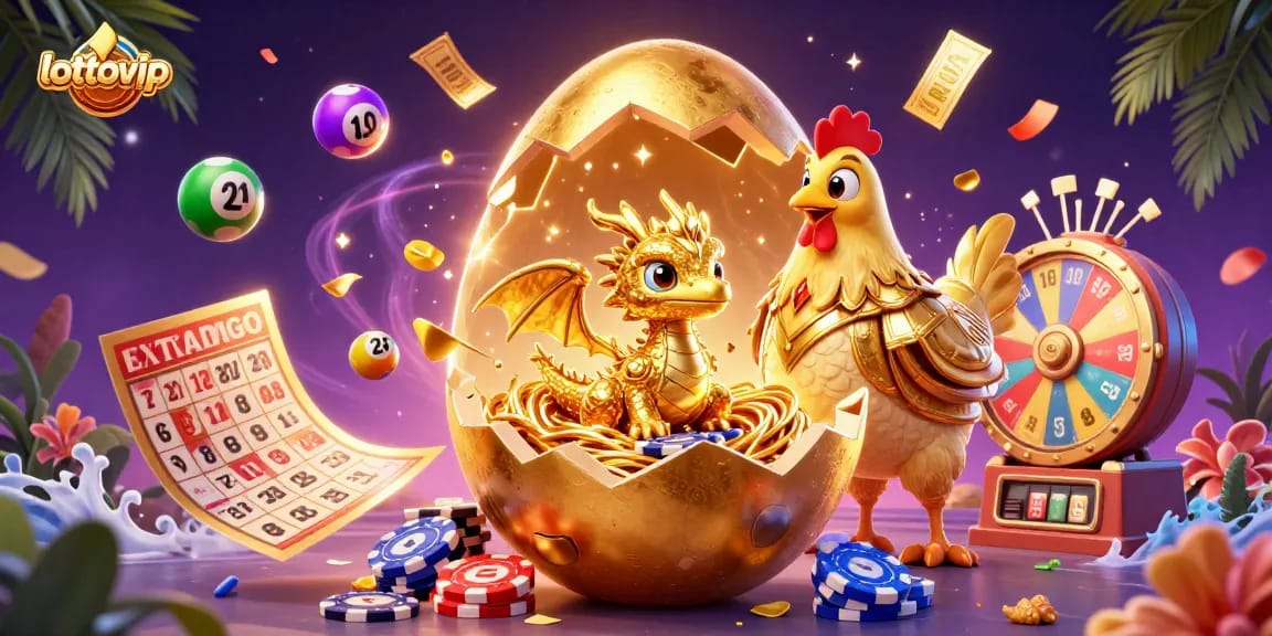 Menangkan hadiah dengan lottovip, ilustrasi kolosal telur emas pecah menampilkan naga emas di atas tumpukan chip poker.
