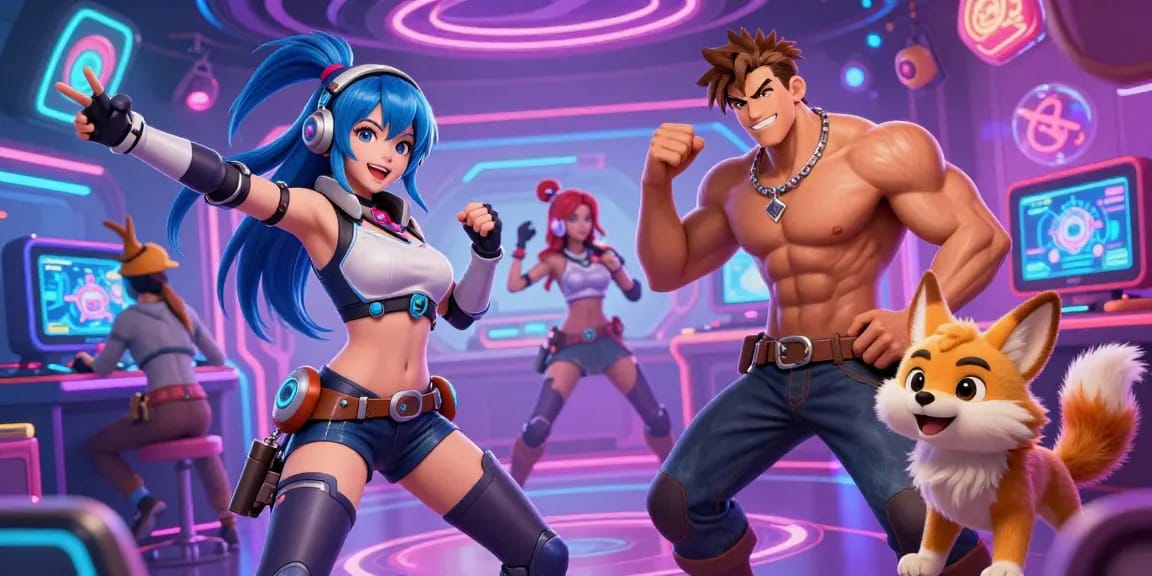 Vibrant scene of colorful characters in a futuristic club setting, showcasing the excitement of android hentai games.