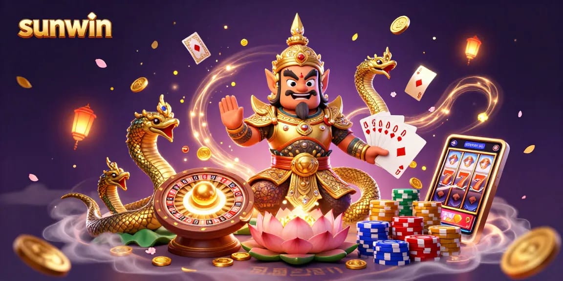 Experience thrilling gameplay with sunwin's vibrant 3D casino illustration featuring dynamic characters and classic elements.