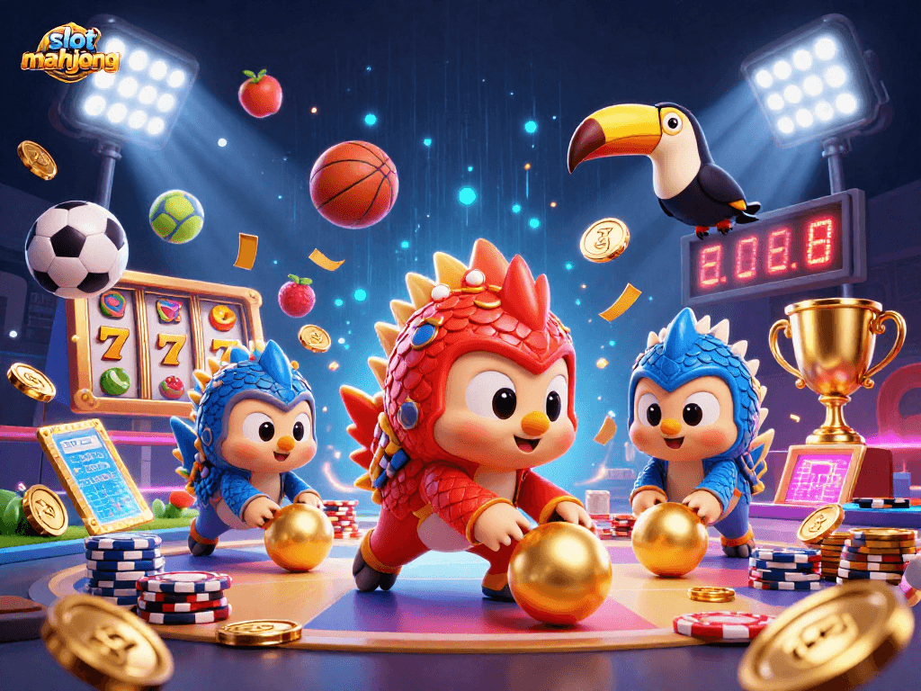 Experience the thrill of slot mahjong with a vibrant scene featuring rival pangolins rolling golden balls and stacks of poker chips.