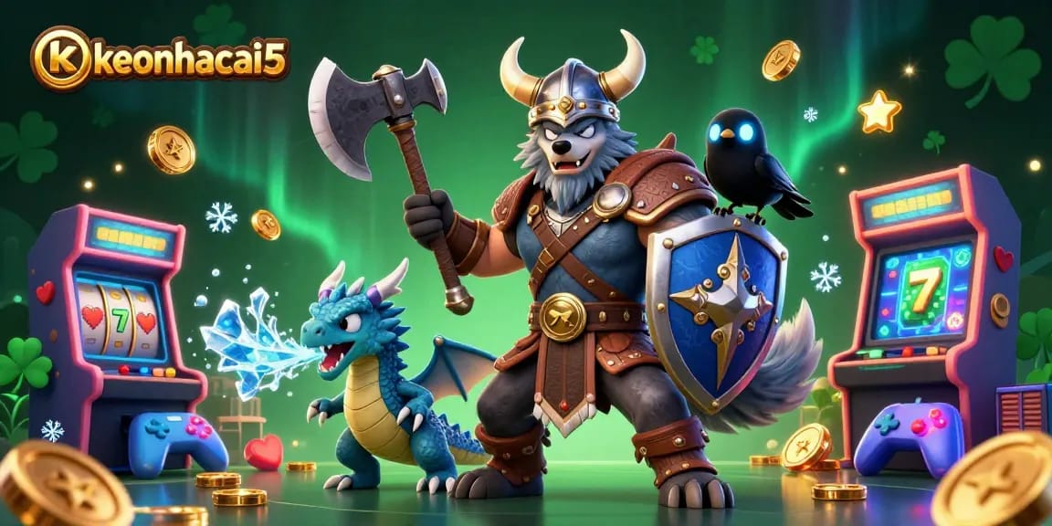 Engage in the thrilling quests of keonhacai5 with a Viking wolf, fierce dragon, and vibrant casino elements.