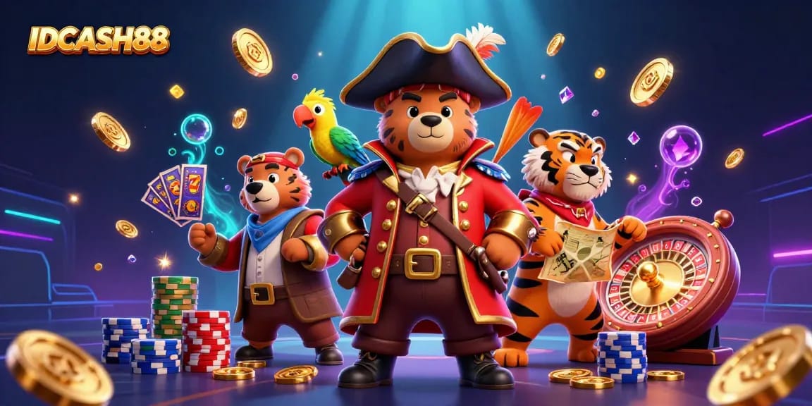 Experience jackpots at IDCASH88 with an exciting 3D casino scene featuring a pirate bear, tiger first mate, and slot reels.