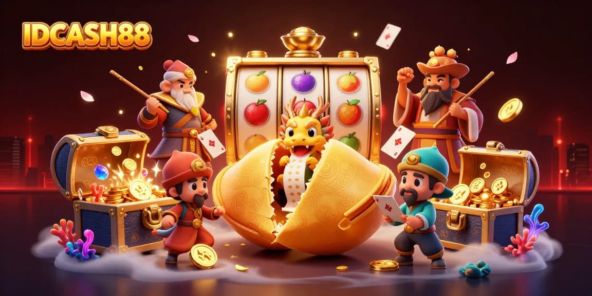 Experience thrilling gameplay with IDCASH88's unique slot reels and vibrant characters in a dynamic online casino scene.