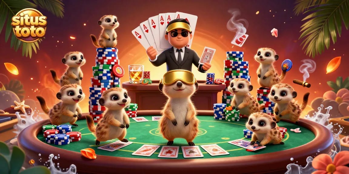 Experience thrilling gameplay at situs toto with meerkat dealers in a vibrant casino scene.