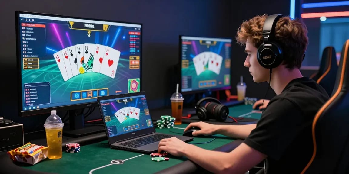 A young male player engaged with dewapoker on a sleek laptop, surrounded by vibrant game graphics and gaming accessories, in a modern gaming environment.