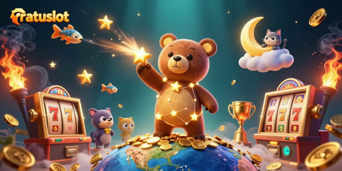 Play slots at ratuslot with a dynamic casino-themed scene featuring a constellation bear.