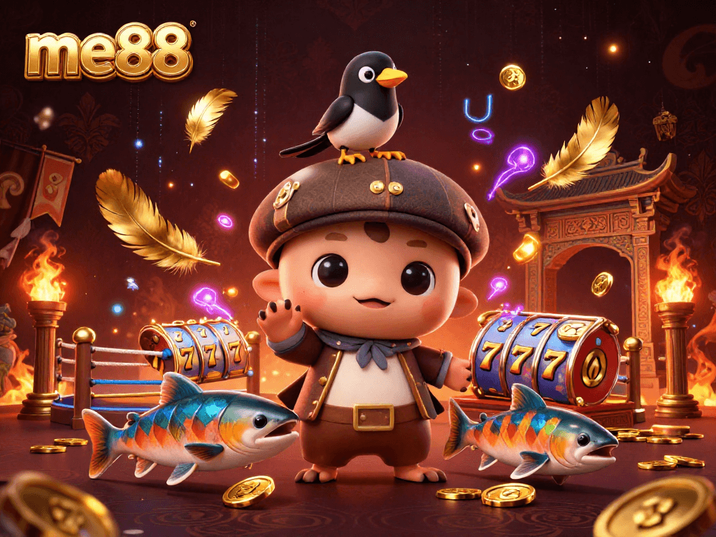 Experience thrilling action at me88 with vibrant slot elements and a playful cartoon Nessie.