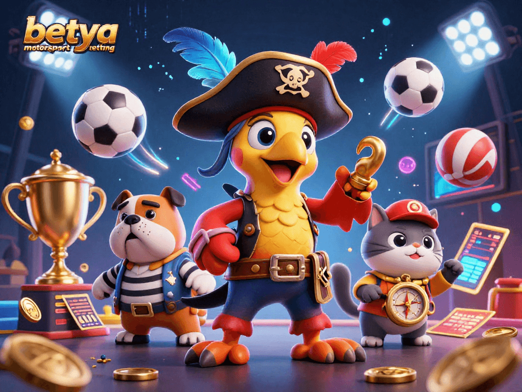 Engage in betya motorsport betting with vibrant 3D pirate characters and dynamic sports elements.