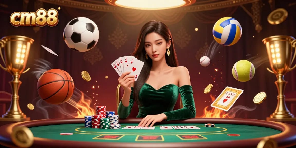 Experience thrilling gameplay at cm88 with a stunning casino scene featuring poker and sports elements.