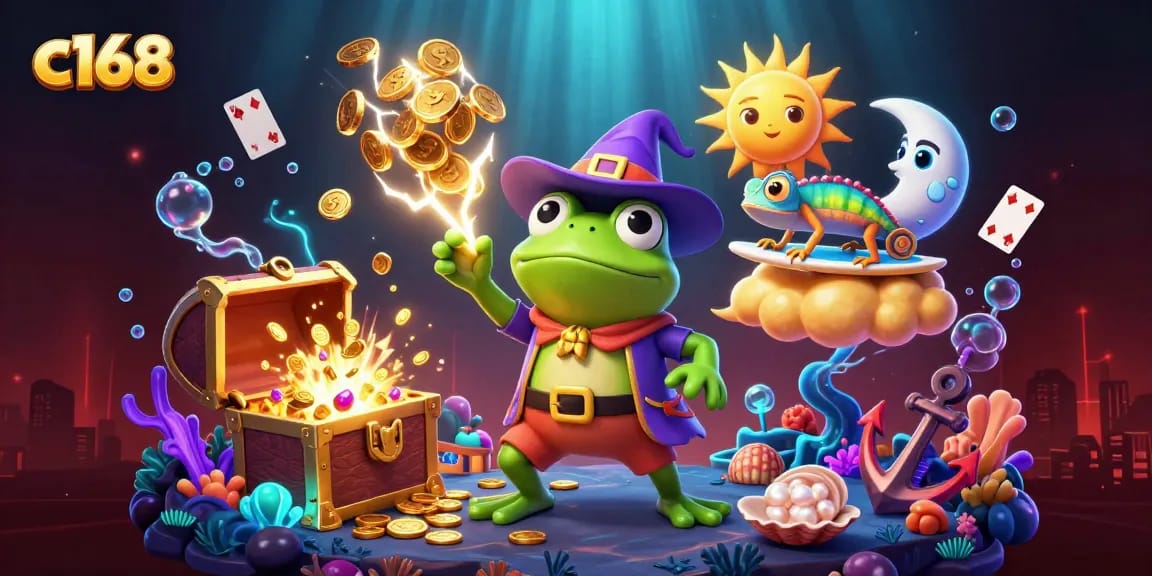 Experience a thrilling c168 casino adventure with a wizard frog and chameleon amid golden treasures.