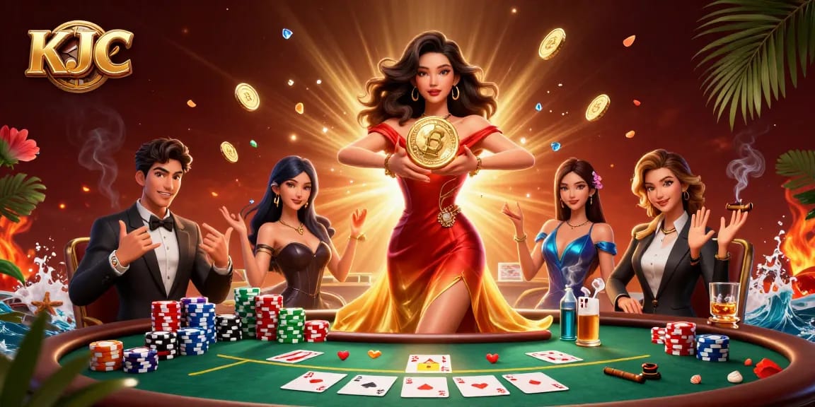 KJC players enjoy a thrilling poker scene with a radiant Asian woman holding a golden coin amid falling coins and gems.