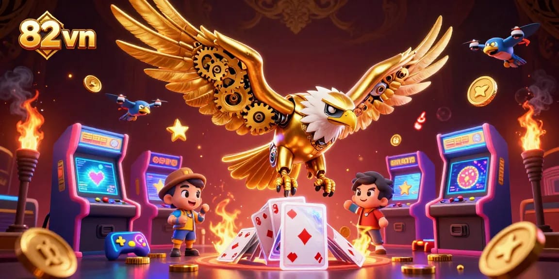 Engage in thrilling action at 82 vn with colorful slots, holographic cards, and a golden eagle soaring through the scene.