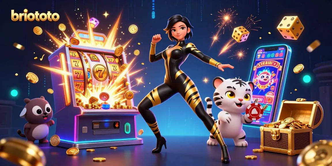 Experience the excitement of briototo with vibrant slot machines bursting coins and immersive gaming elements.