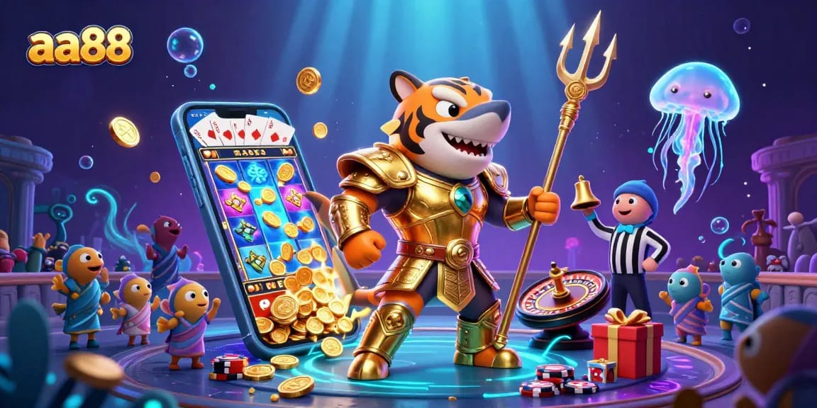 Engage with the thrilling action of aa88 featuring a tiger shark in an underwater casino showdown.