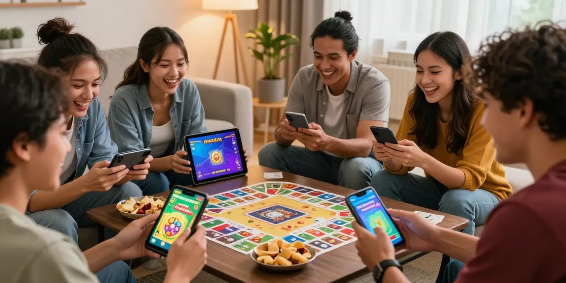 Friends gaming on Card Rummy APK showing mobile devices, fun atmosphere at https://cardrummy.org.pk/.