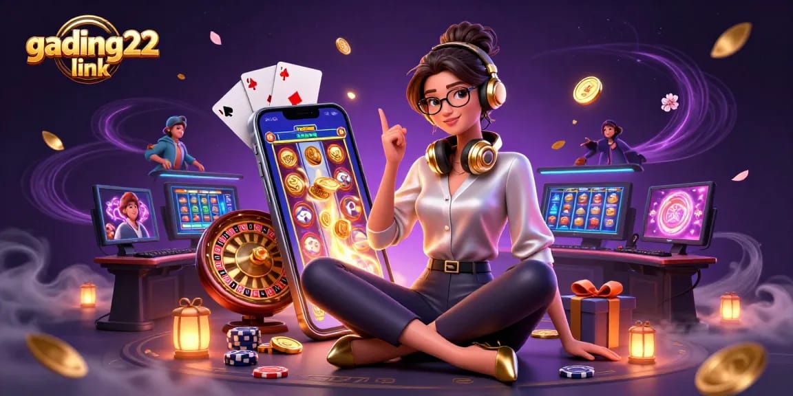 Engage in thrilling gameplay with gading22 link featuring a stylish Asian gamer amidst vibrant casino elements.