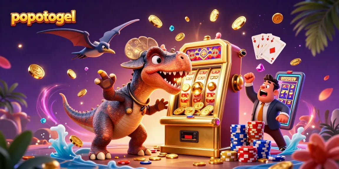 Experience the thrill of popotogel as cartoon dinosaurs interact with dazzling casino elements.