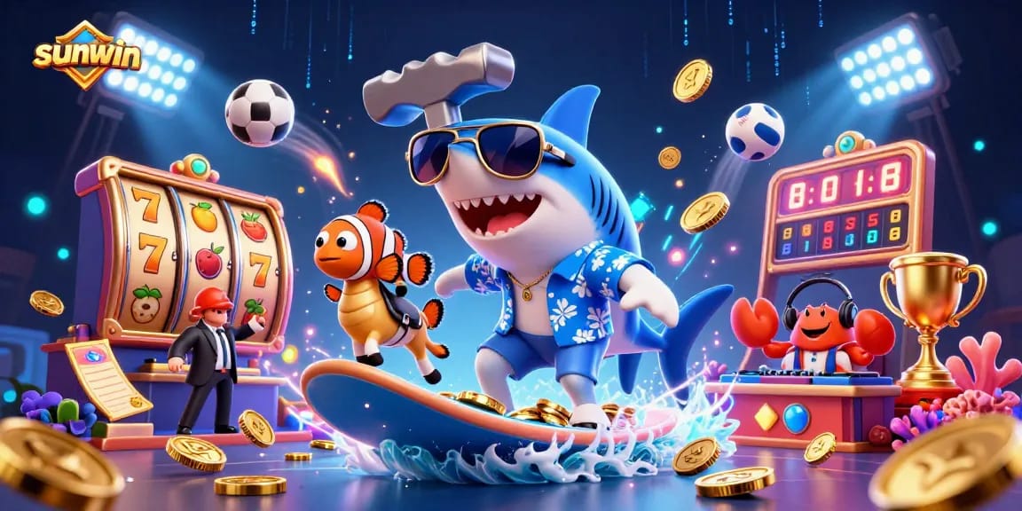 Experience thrilling wins with sunwin's lively casino scene of a shark surfing gold coins.