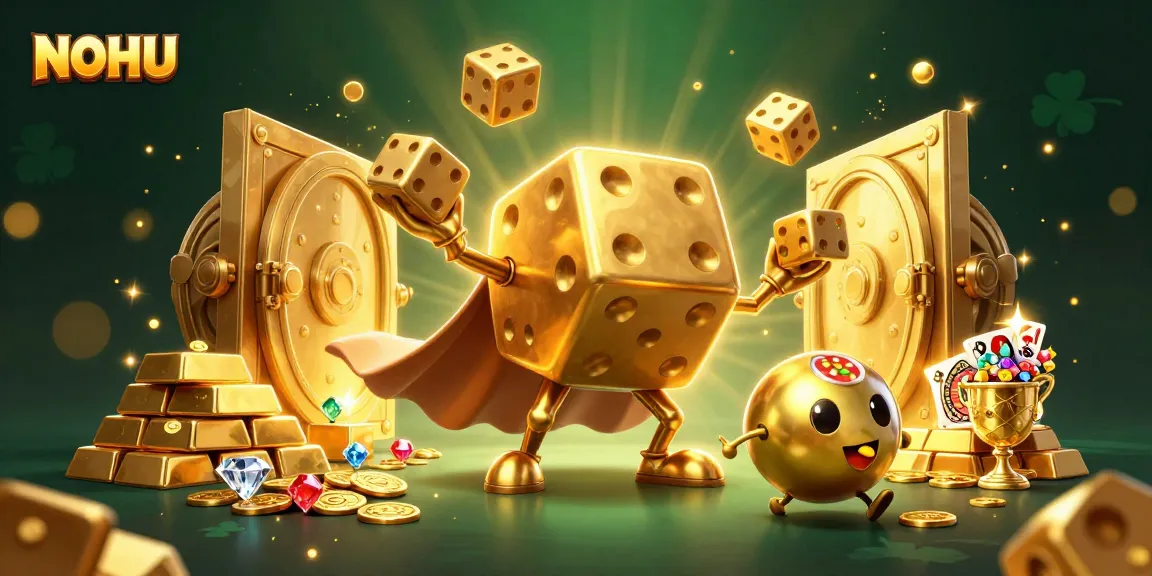 Engage with NOHU's exciting gaming scene featuring golden dice and treasures from a vibrant casino environment.