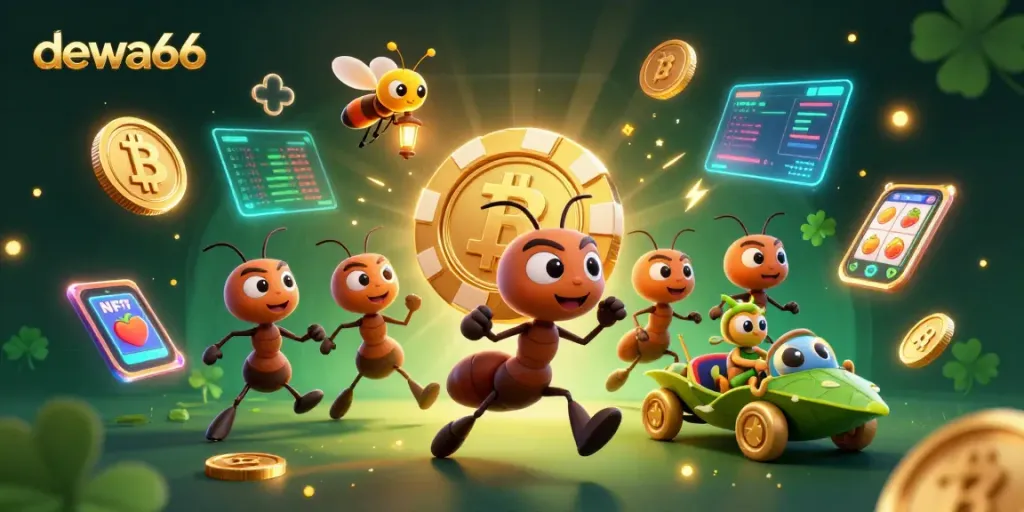 Engage with dewa66 as ants haul a giant golden poker chip amidst vibrant casino elements.