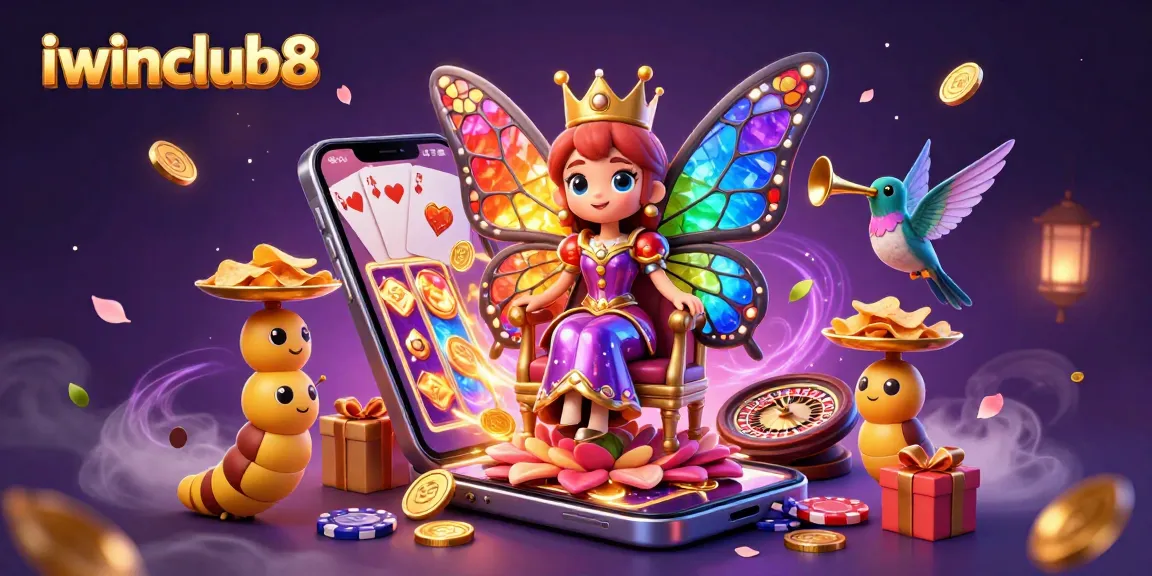 Experience iwinclub8 with an enchanting 3D illustration showcasing a butterfly queen and vibrant casino games.