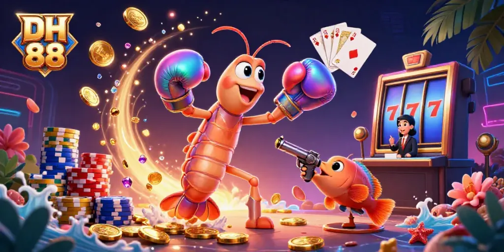 Experience thrilling gameplay with DH 88's colorful characters amid cascading coins and vibrant casino elements.