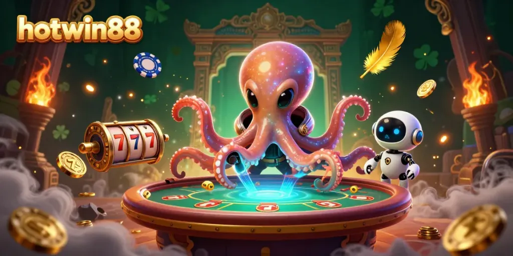 Experience thrilling gameplay at hotwin88 with a vibrant casino-themed digital illustration featuring an alien octopus and poker action.