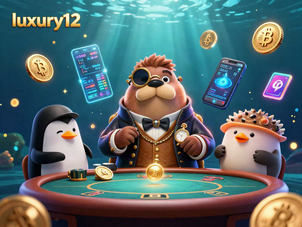 Experience the excitement of luxury12 with a digital underwater poker game featuring vibrant characters and crypto elements