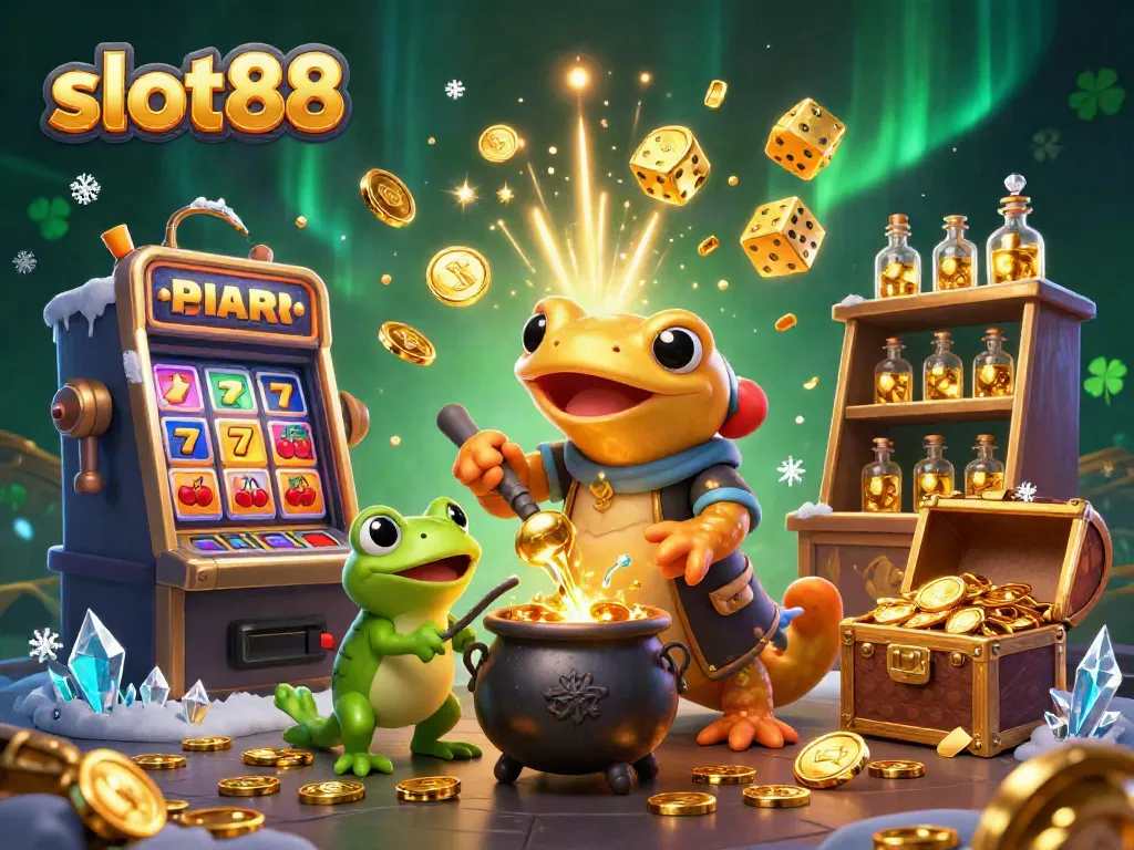 Slot88 menunjukkan alkemis salamander emas yang mentransmutasikan logam menjadi koin emas di dunia kasino.