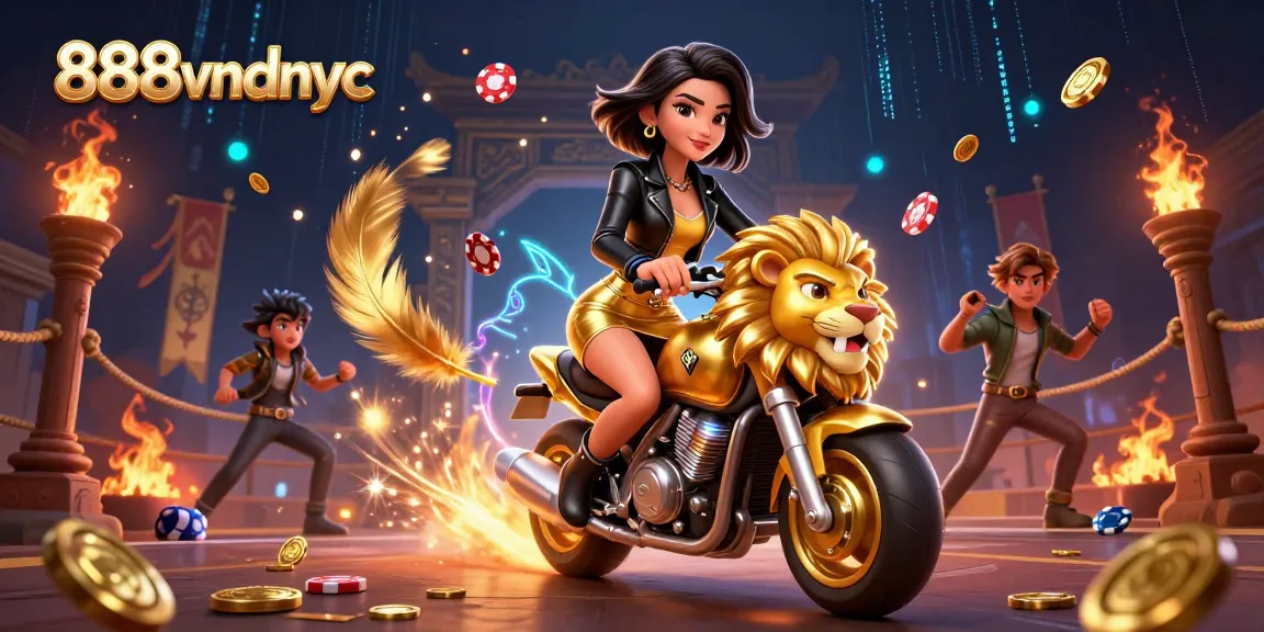 Engage in thrilling action at 888vndnyc with a glamorous female gamer and her golden lion mascot.