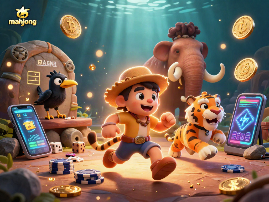 Engage with mahjong in this vibrant prehistoric casino scene filled with crypto elements.